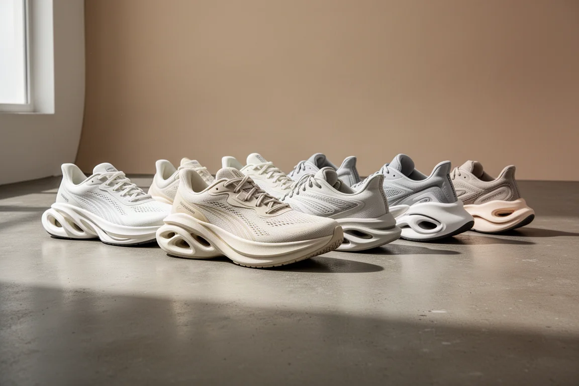 Lineup of eight cushioned running shoes with tall midsoles on a concrete studio floor