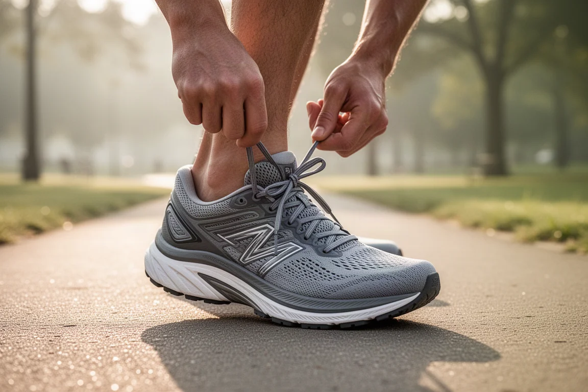 Runner che allaccia una scarpa da corsa ammortizzata su strada prima di un allenamento leggero