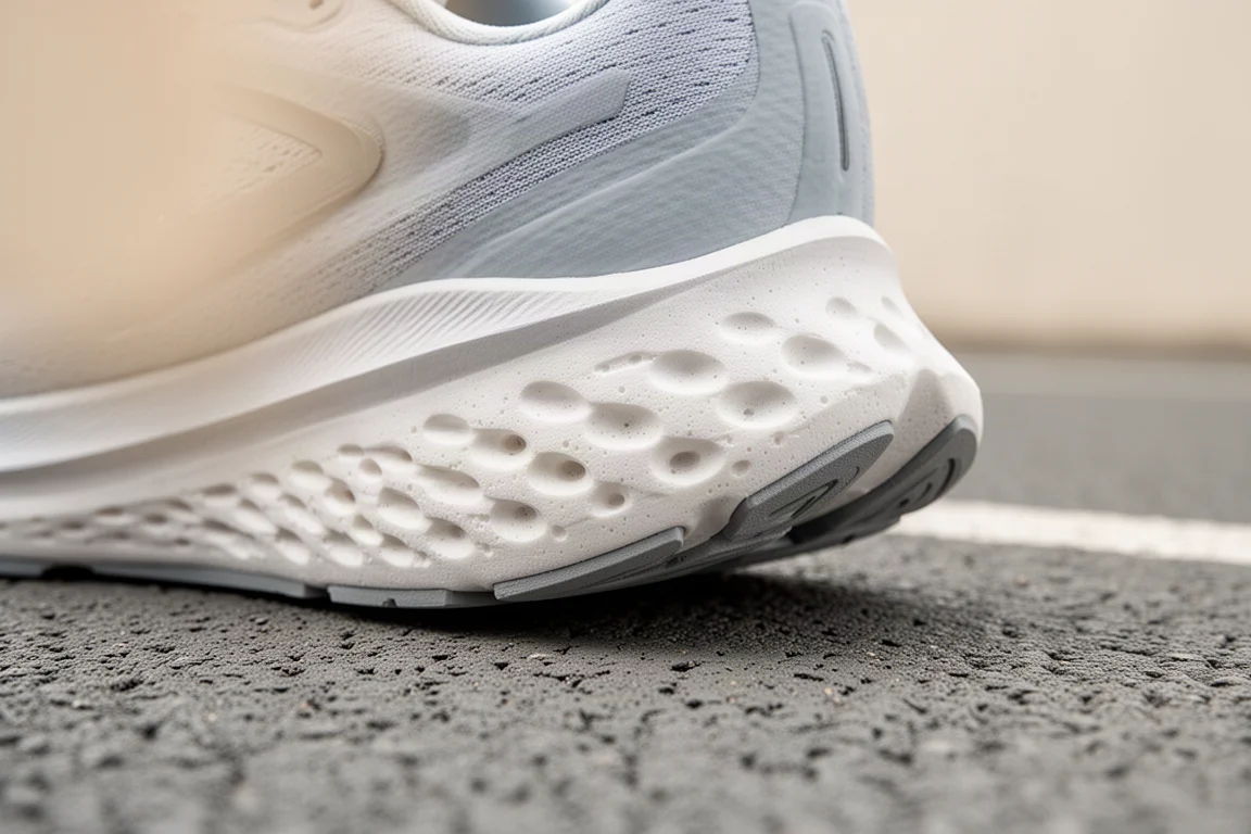 Primo piano del midsole in schiuma infusa ad azoto di una scarpa running su una pista