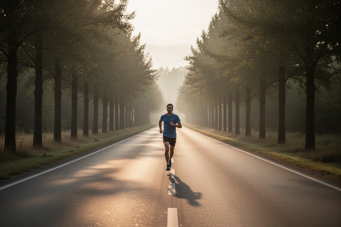 Runner che mantiene un ritmo facile e costoso su una lunga corsa su strada all'alba