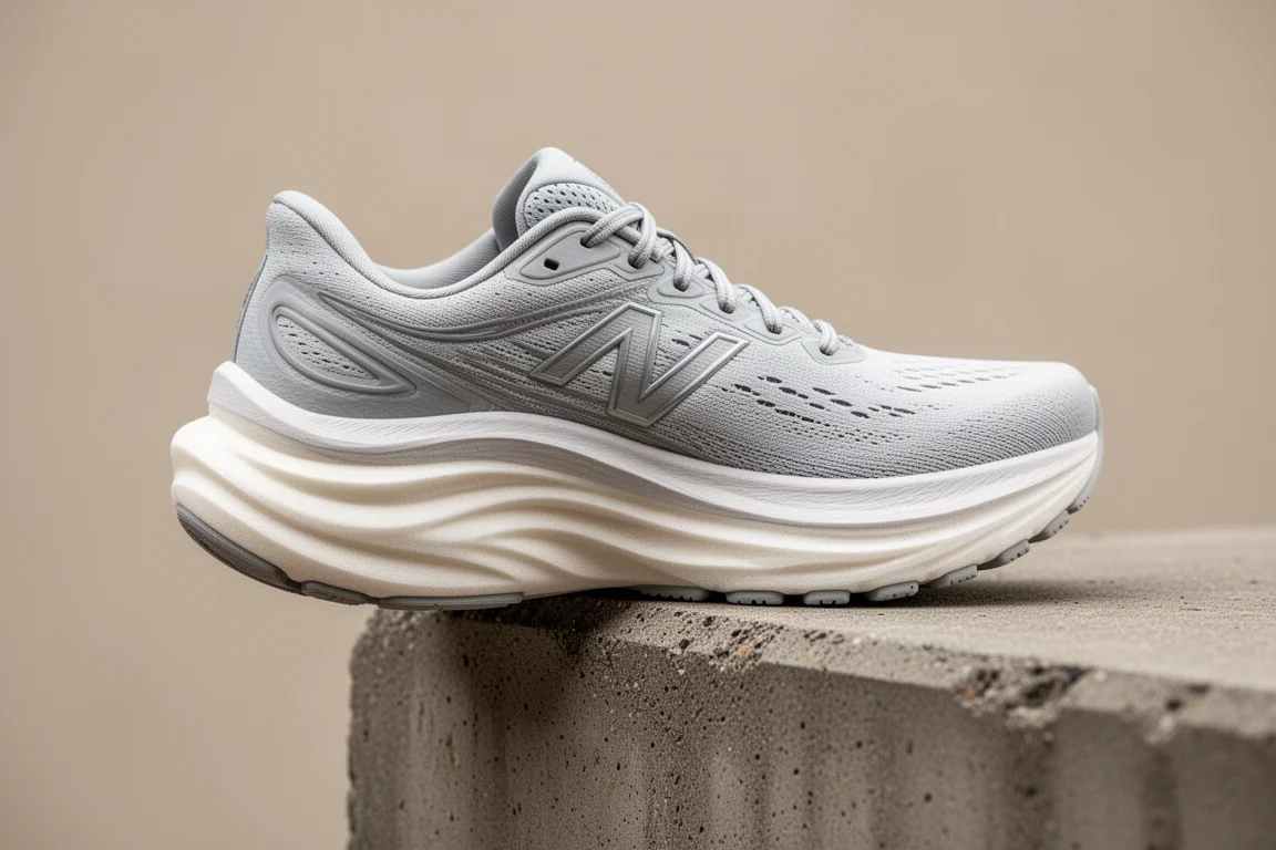 Scarpa running molto ammortizzata che si comprime sul bordo di un marciapiede