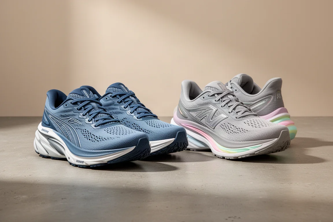 Two pairs of thick-cushioned road running shoes side by side on concrete