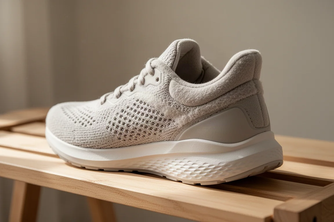 Gros plan sur une tige tricotée moelleuse et un col rembourré d'une chaussure de running