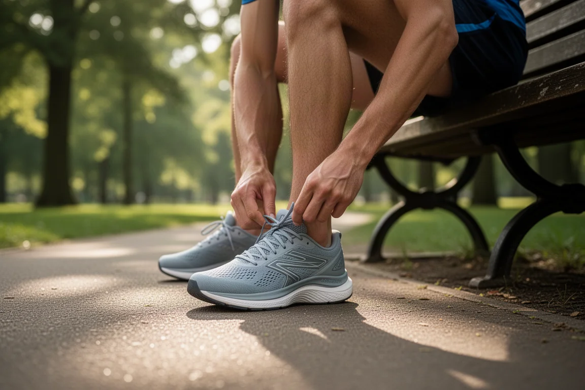 Coureur faisant une pause sur un banc de parc en examinant une chaussure de running amortie