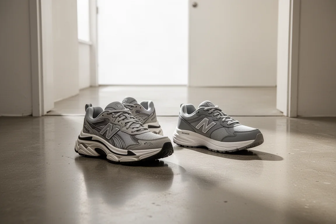 Deux chaussures de running amorties côte à côte sur un sol béton dans un couloir