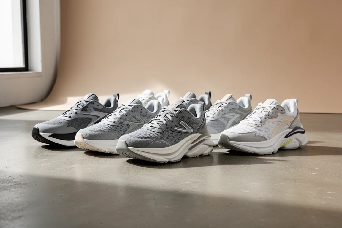 Lineup of cushioned running shoes on a concrete studio floor
