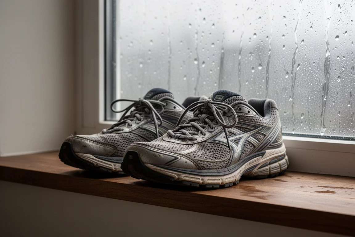 小雨の日の窓辺で乾くランニングシューズのペア