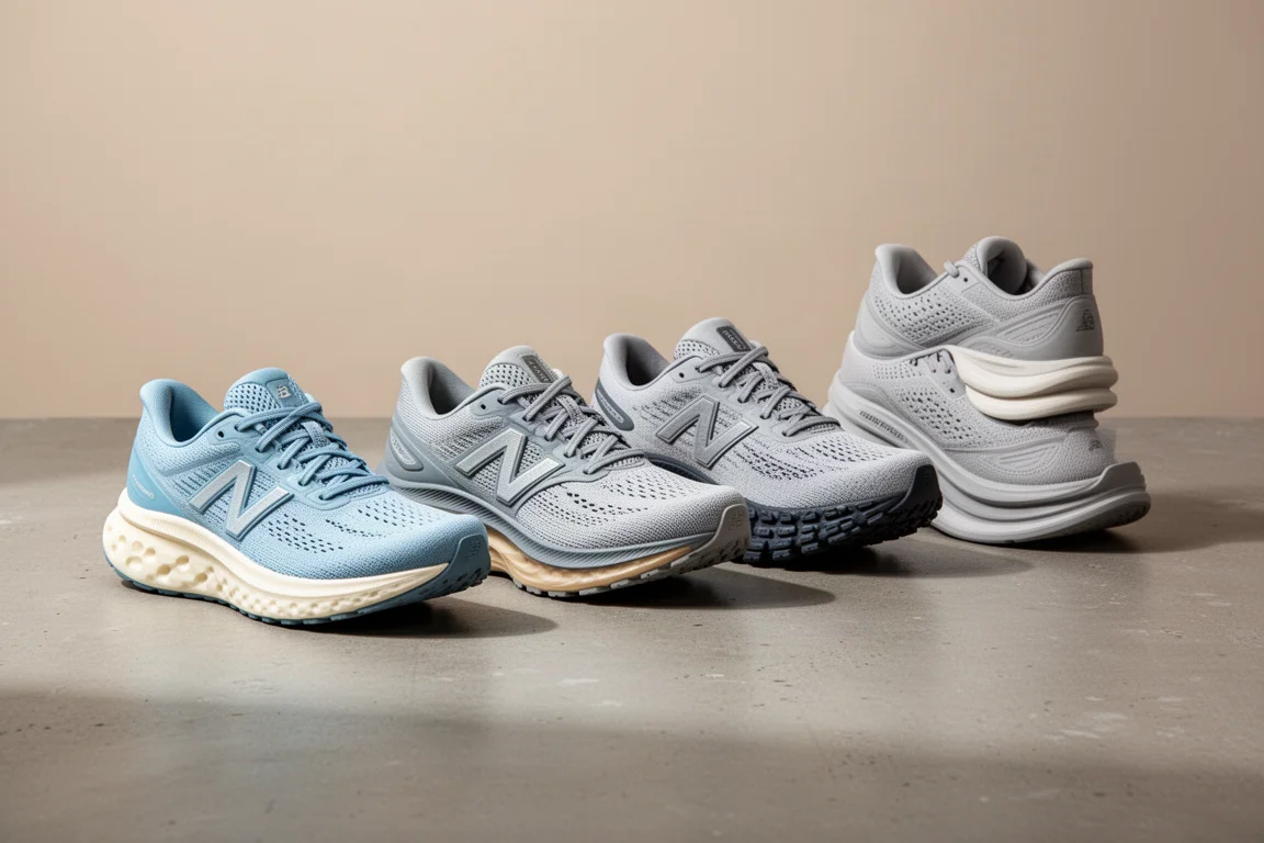 Four cushioned running shoes lined up on a concrete surface