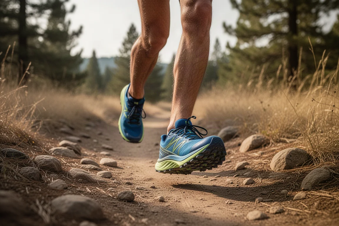 Biegacz trailowy na skalistej ścieżce z widocznym miękkim butem trailowym