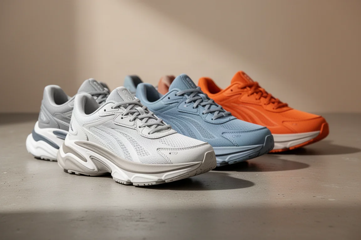 Row of cushioned running shoes with thick midsoles on a concrete surface