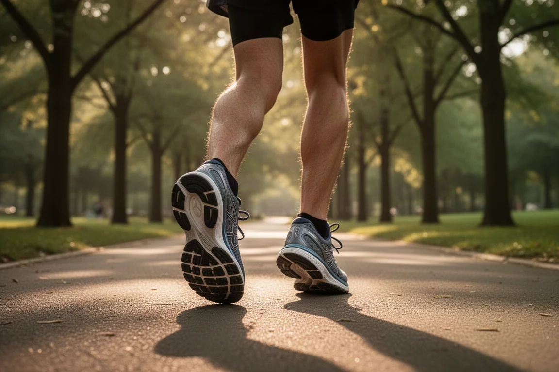 Coureur portant des chaussures stabilisatrices de soutien marchant le long d'un sentier de parc