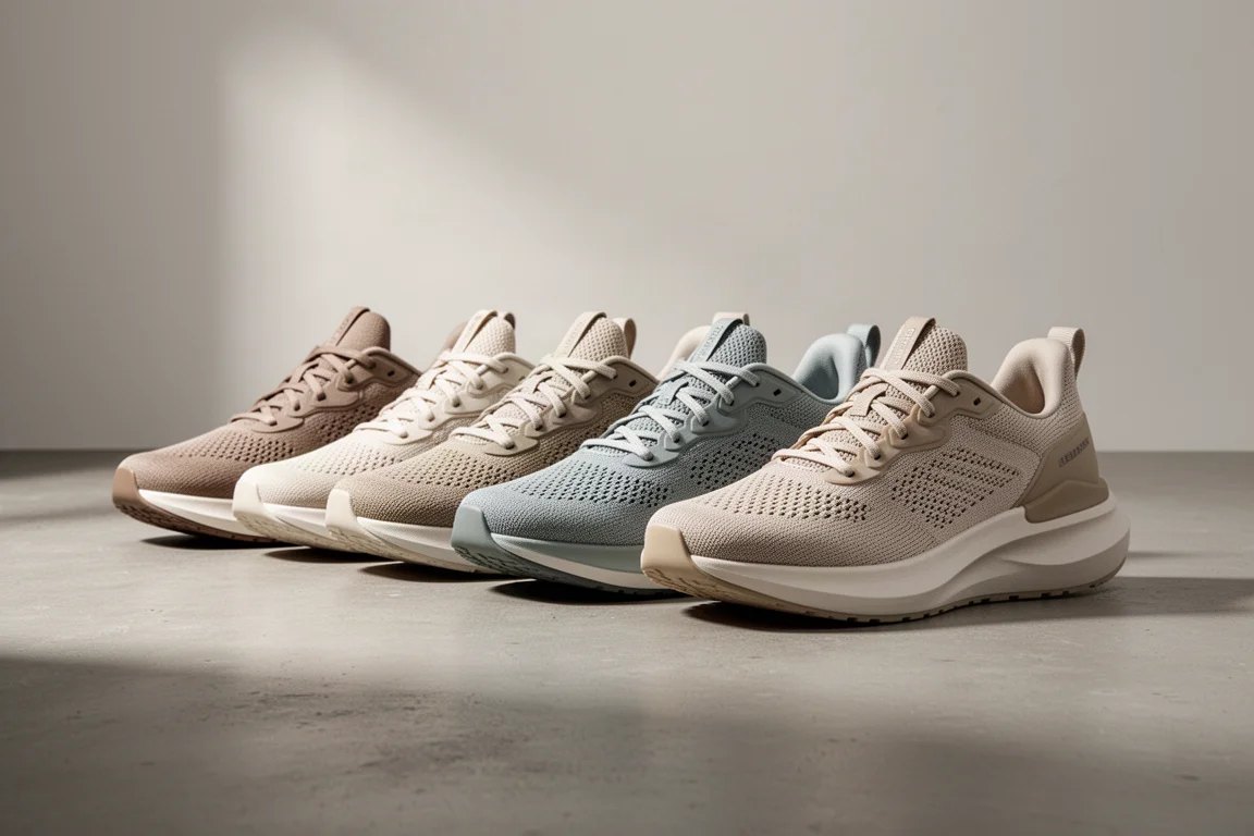 Row of cushioned running shoes with thick foam midsoles on a concrete studio surface