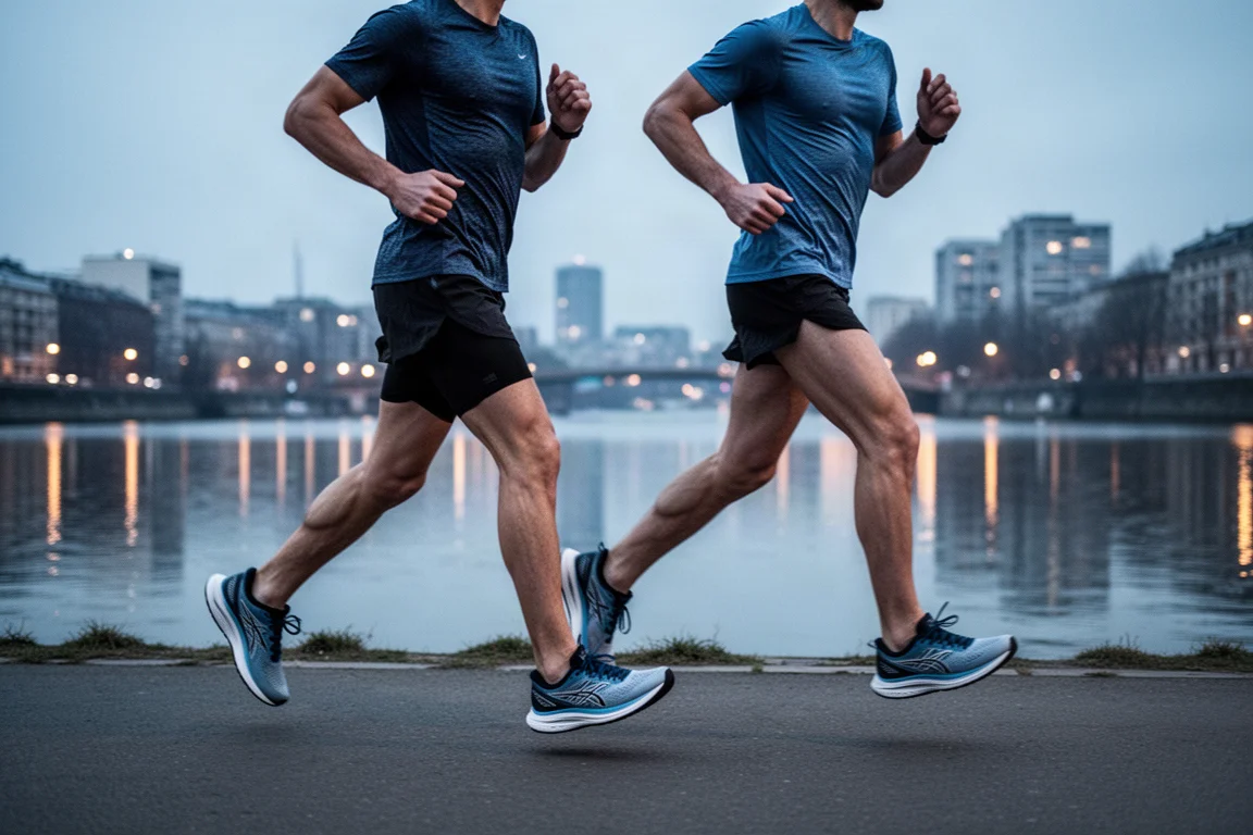 Läufer joggt auf einem Kiesweg neben einer grünen Parkanlage