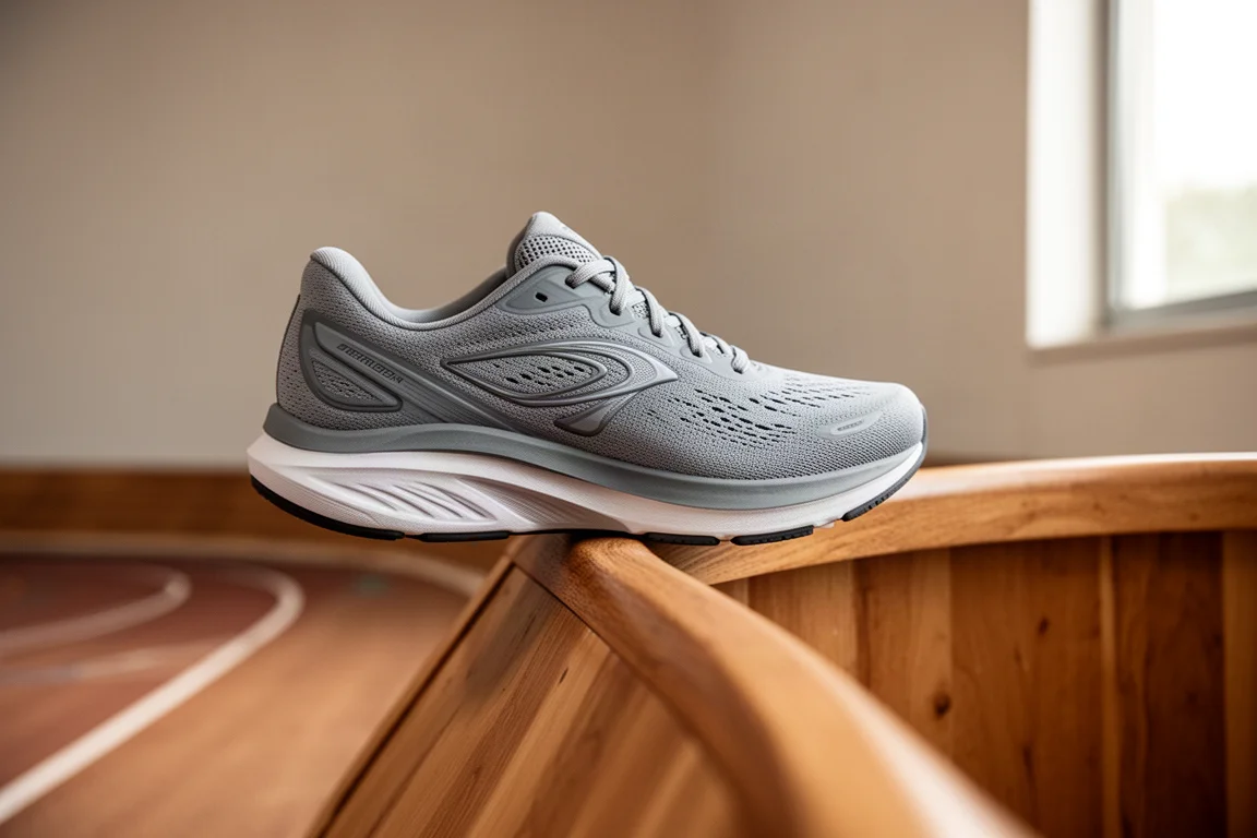 Flat-lay of two running shoes side by side on a wooden floor