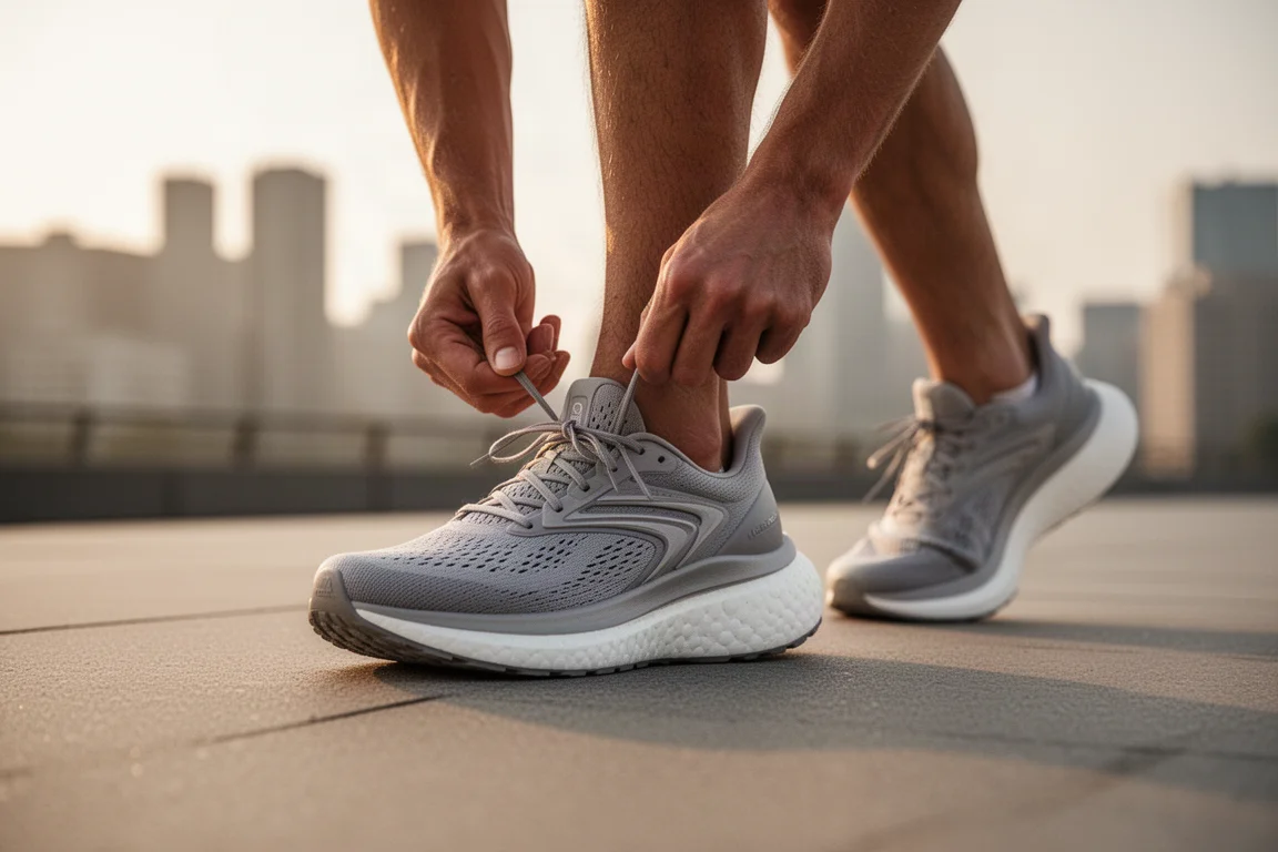 Coureur nouant les lacets d'une chaussure de running à semelle épaisse sur un trottoir urbain