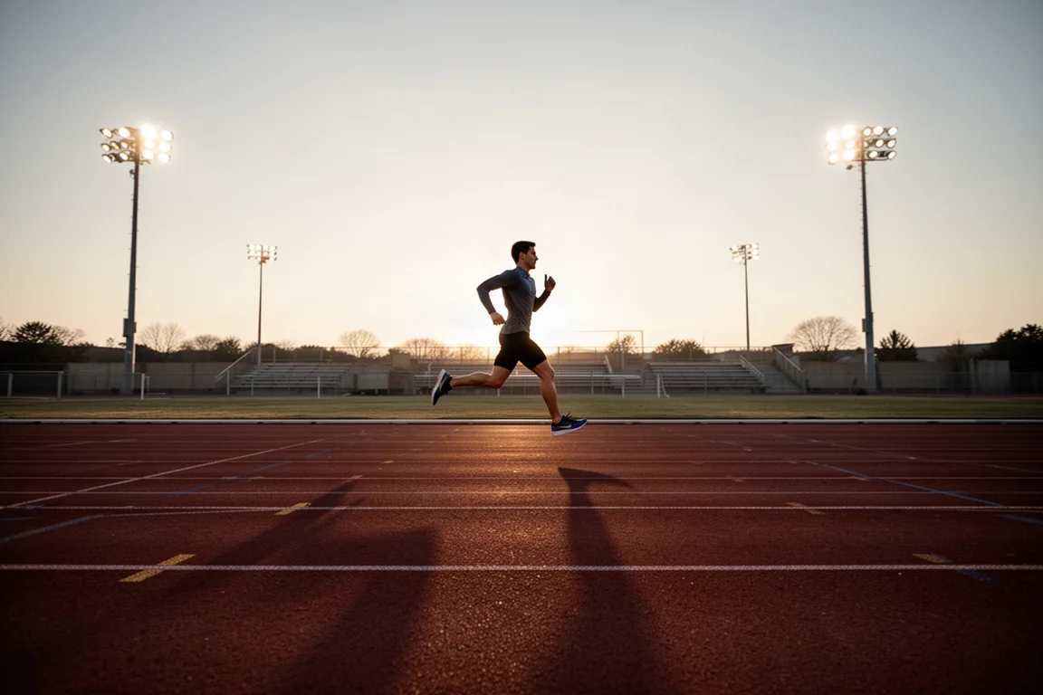 Coureur effectuant des intervalles en tempo sur une piste de running déserte au crépuscule