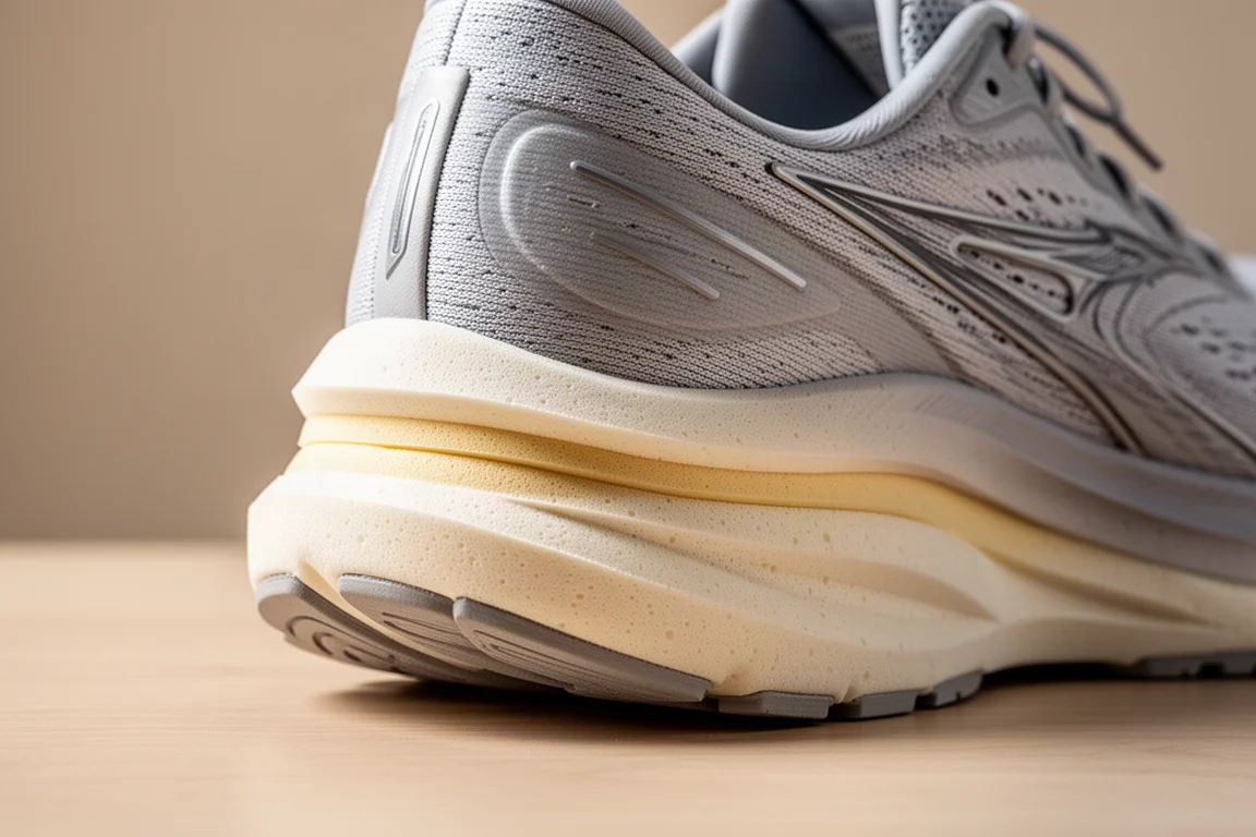 Gros plan sur l'épaisse semelle intermédiaire en mousse d'une chaussure de running montrant un amorti multicouche