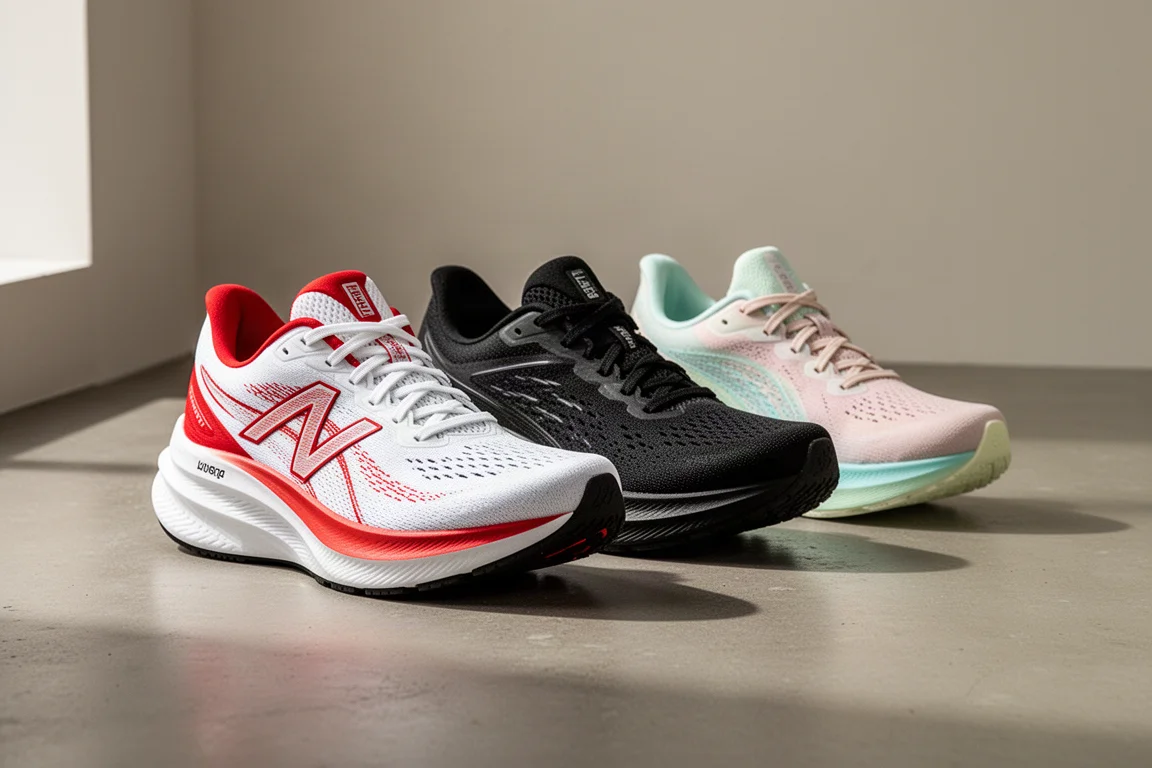 Row of modern cushioned running shoes on a concrete floor