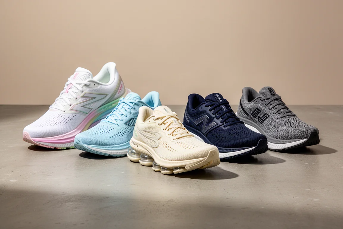 Row of cushioned running shoes with thick midsoles on concrete surface