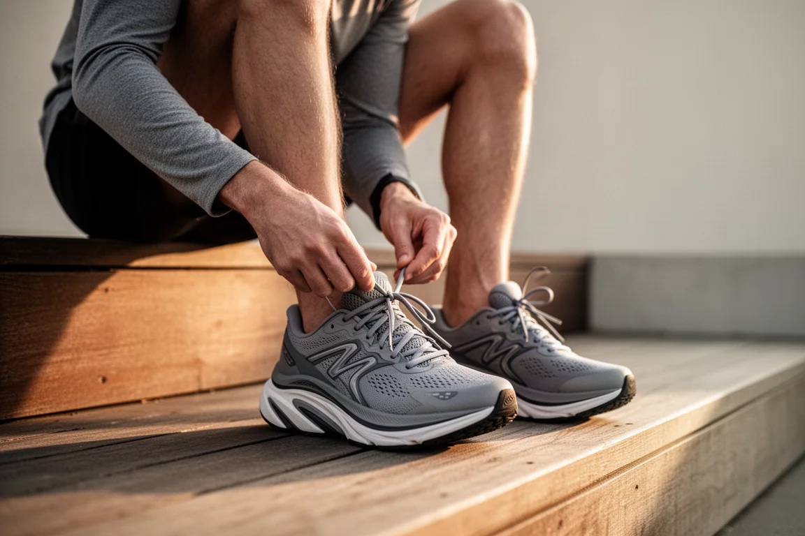 Un corridore allaccia le scarpe da running spesse e ammortizzate prima di una corsa facile
