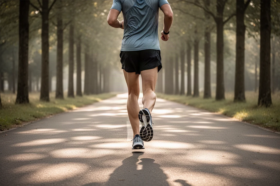 Primo piano di una midsole spessa e morbida che si comprime sull'asfalto