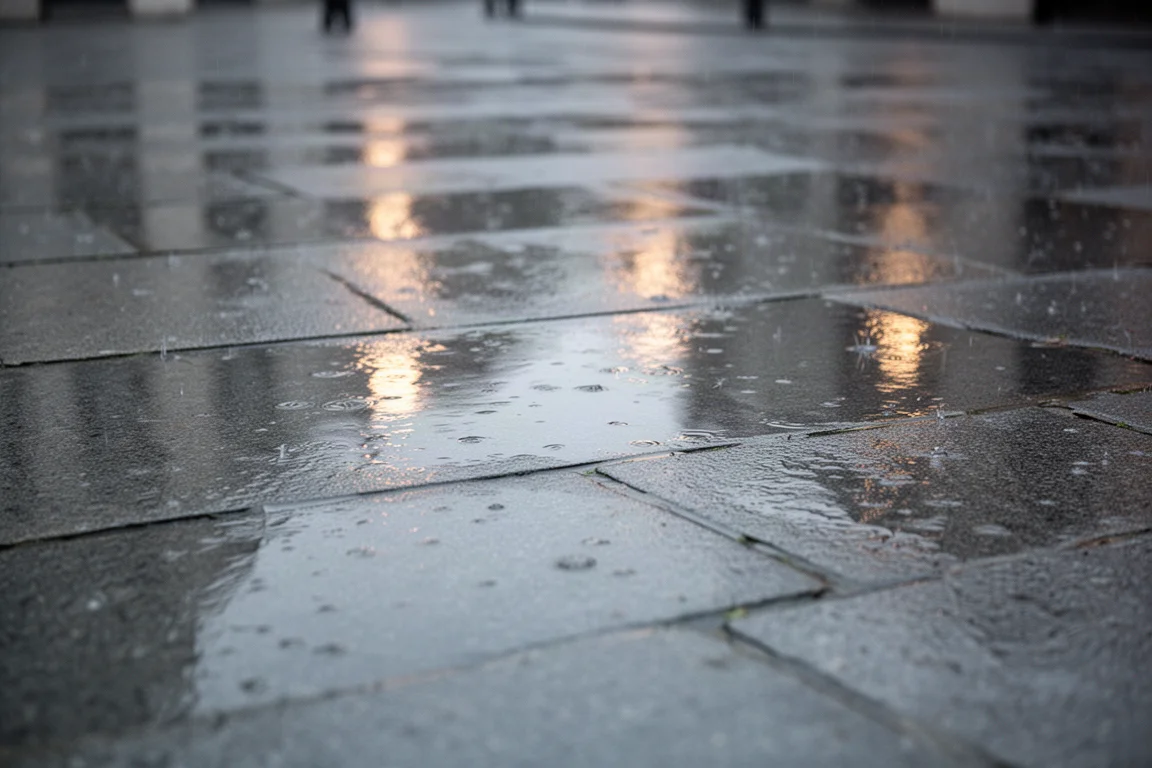 Pavimento mojado en una calle de la ciudad reflejando la suave luz del atardecer