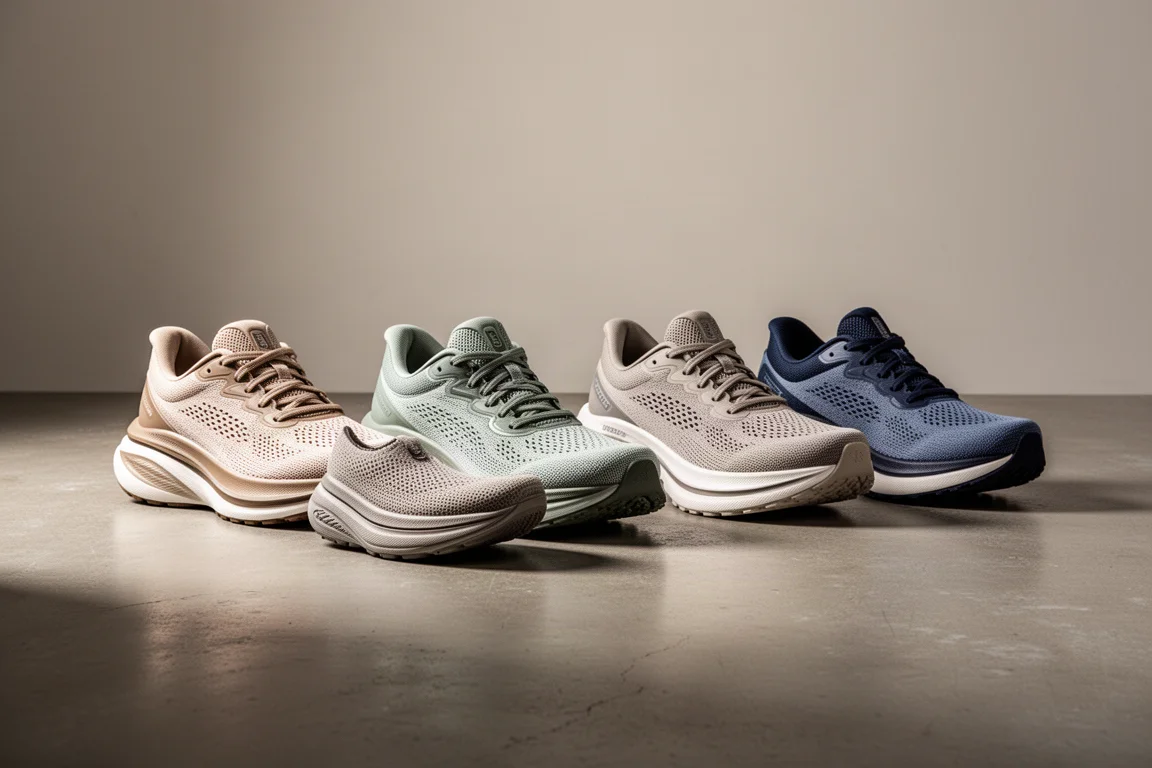 Five cushioned running shoes lined up on a concrete studio floor