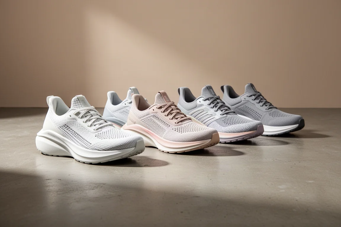 Row of six thick-soled cushioned running shoes on a concrete floor