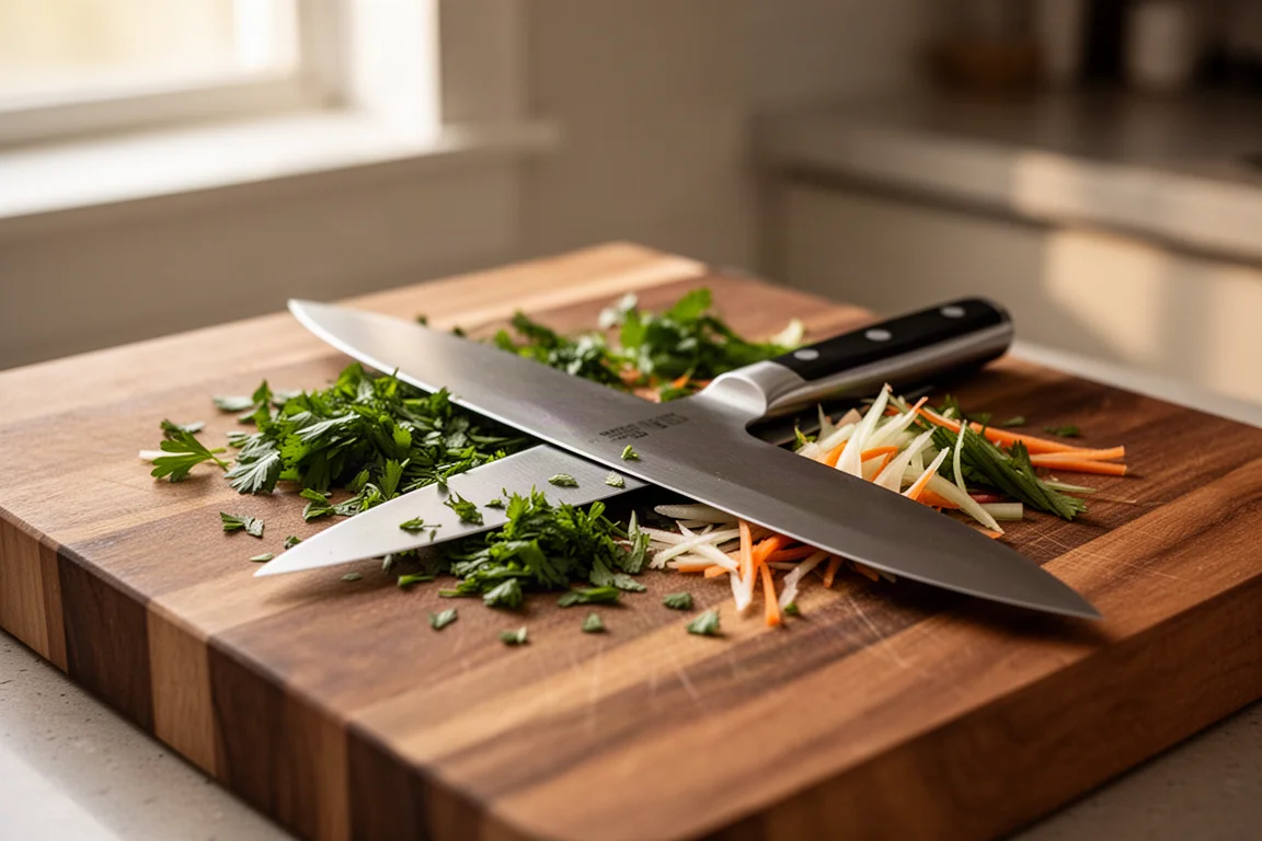 Chef's knife resting on a well-used wooden cutting board beside chopped vegetables