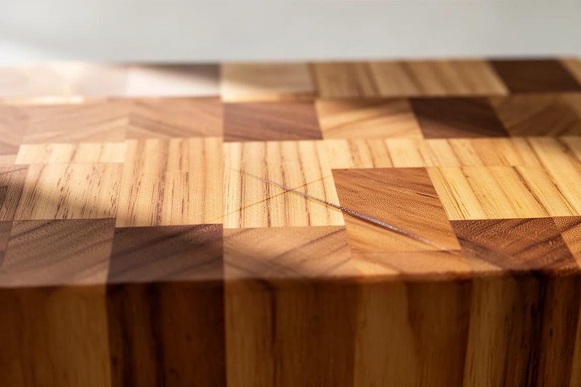 Thick end grain wood cutting board showing its characteristic checkered surface pattern