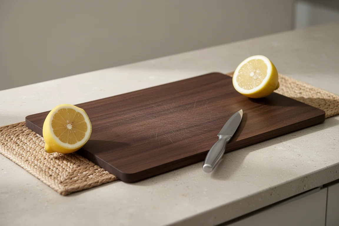 Thin dark composite cutting board on a counter with a non-slip mat underneath