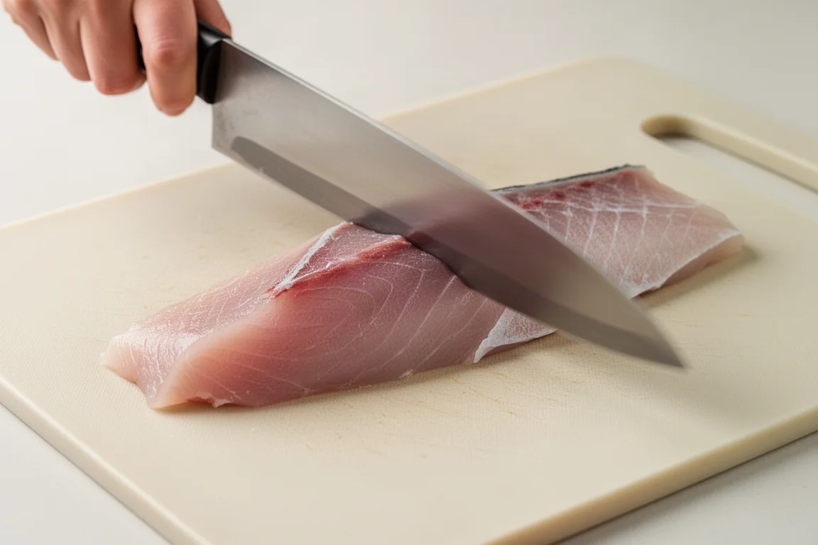 Chef slicing raw fish with long smooth strokes on a soft rubber cutting board
