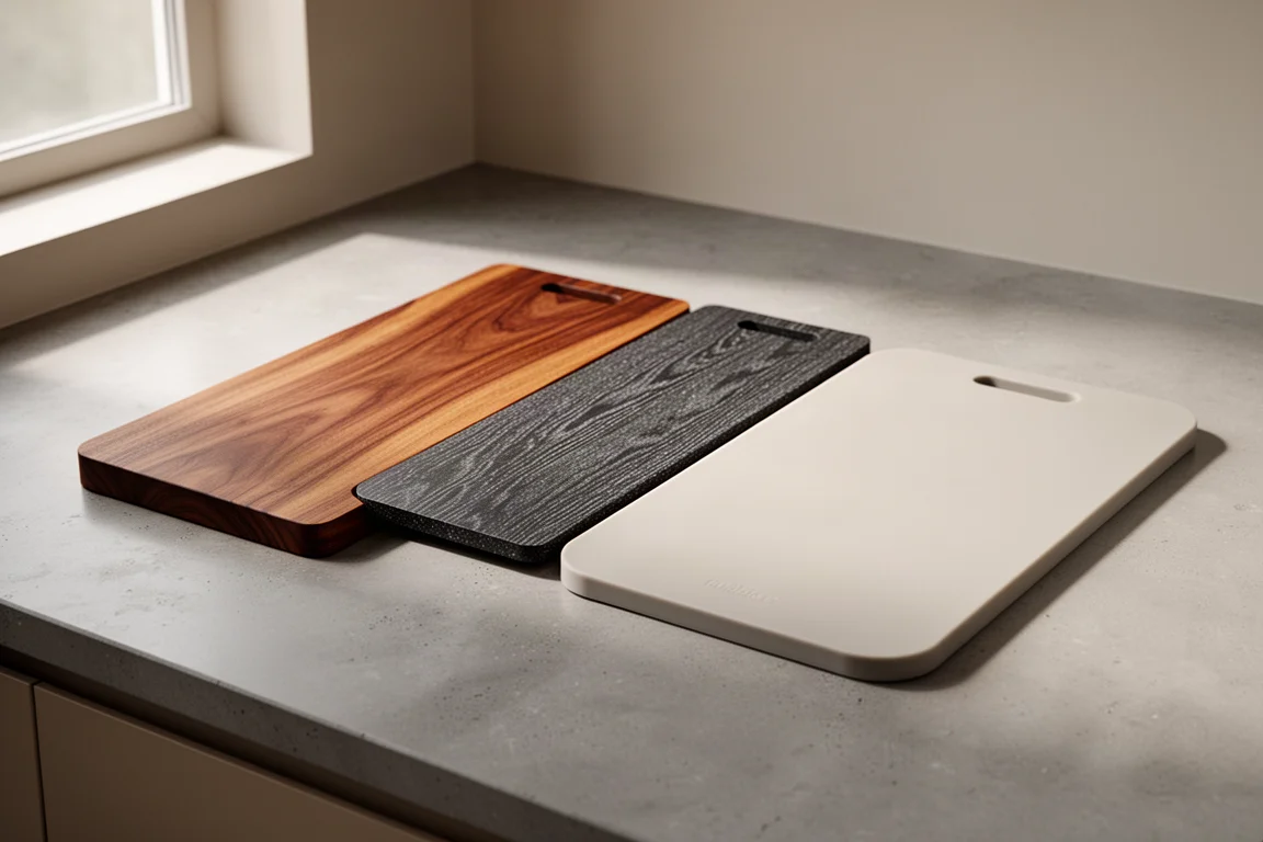 Teak wood, dark composite, and pale rubber cutting boards arranged on a concrete counter