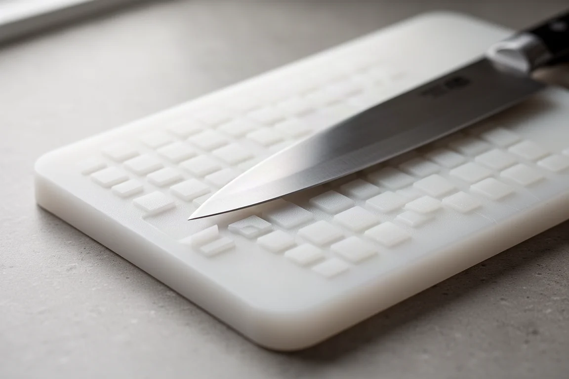 Close-up of a chef's knife resting on a textured plastic cutting board surface