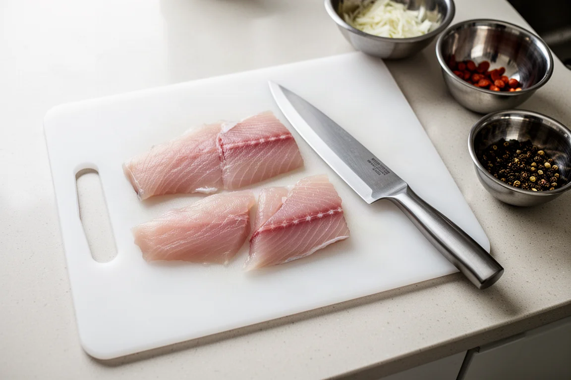 Raw fish fillets and poultry being prepped on a smooth plastic cutting board