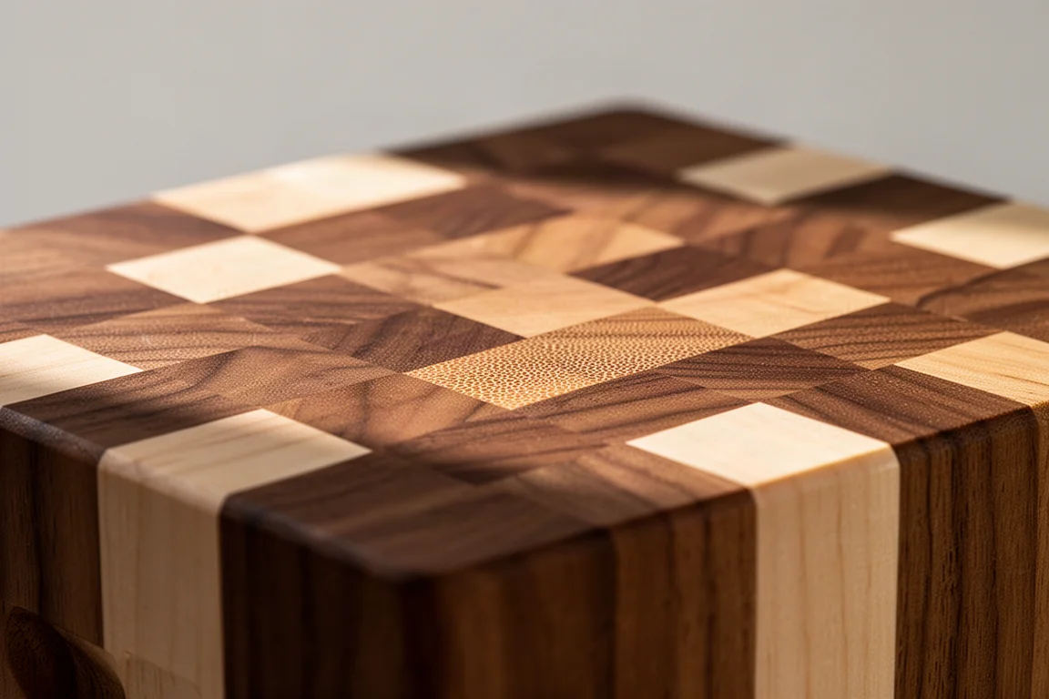 End grain cutting board surface showing the checkerboard pattern of wood fiber ends