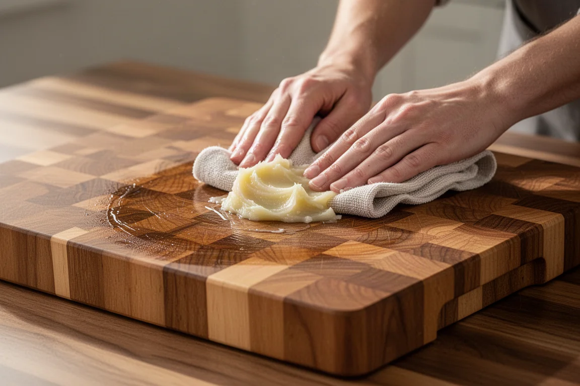 Hands applying mineral oil and beeswax conditioner to a wooden cutting board