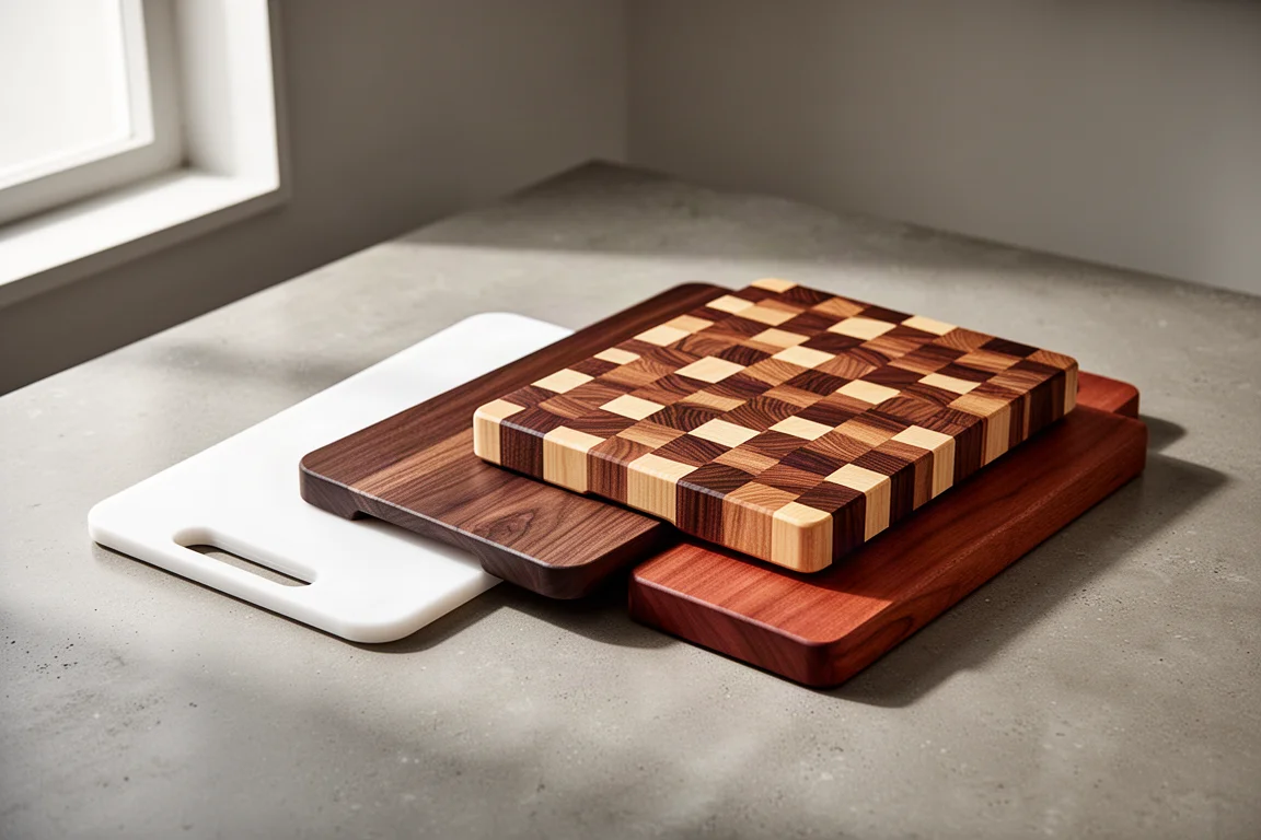 Stack of plastic, edge grain, and end grain cutting boards on a concrete kitchen surface