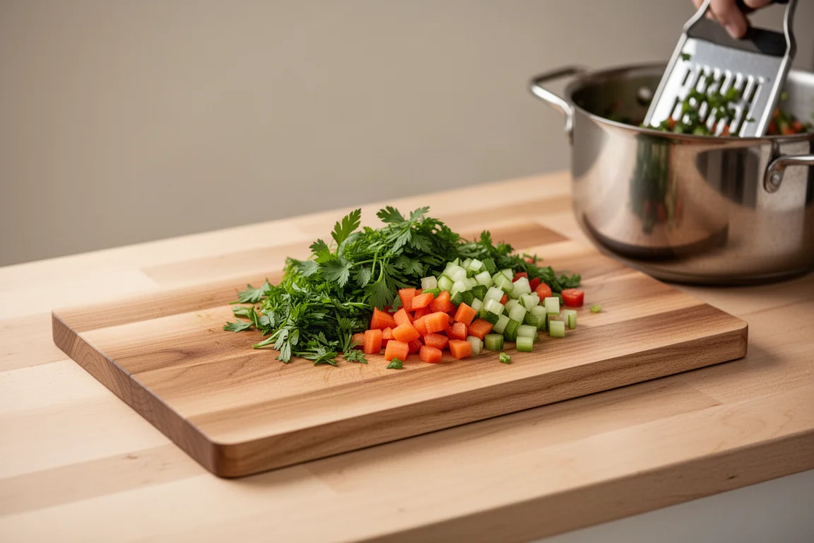Tabla de cortar de arce más pequeña con ingredientes picados listos para verterlos en una olla