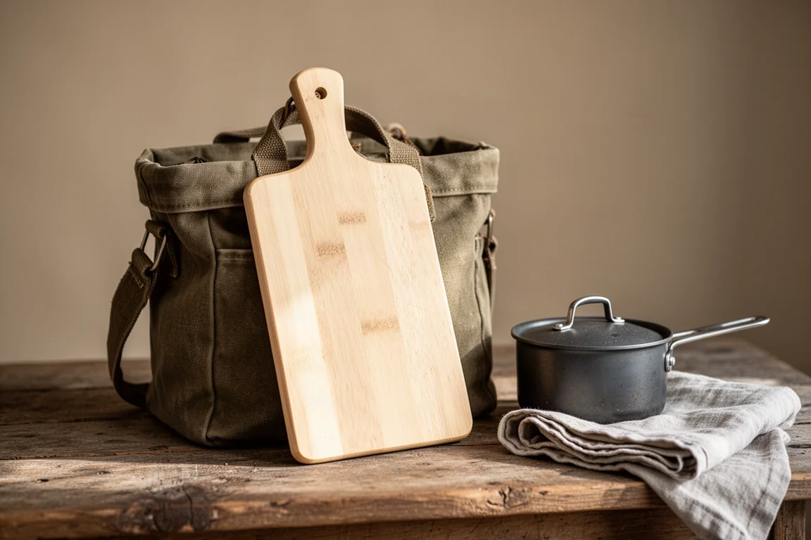 Tabla de cortar de madera ligera guardada junto a utensilios de cocina de campamento
