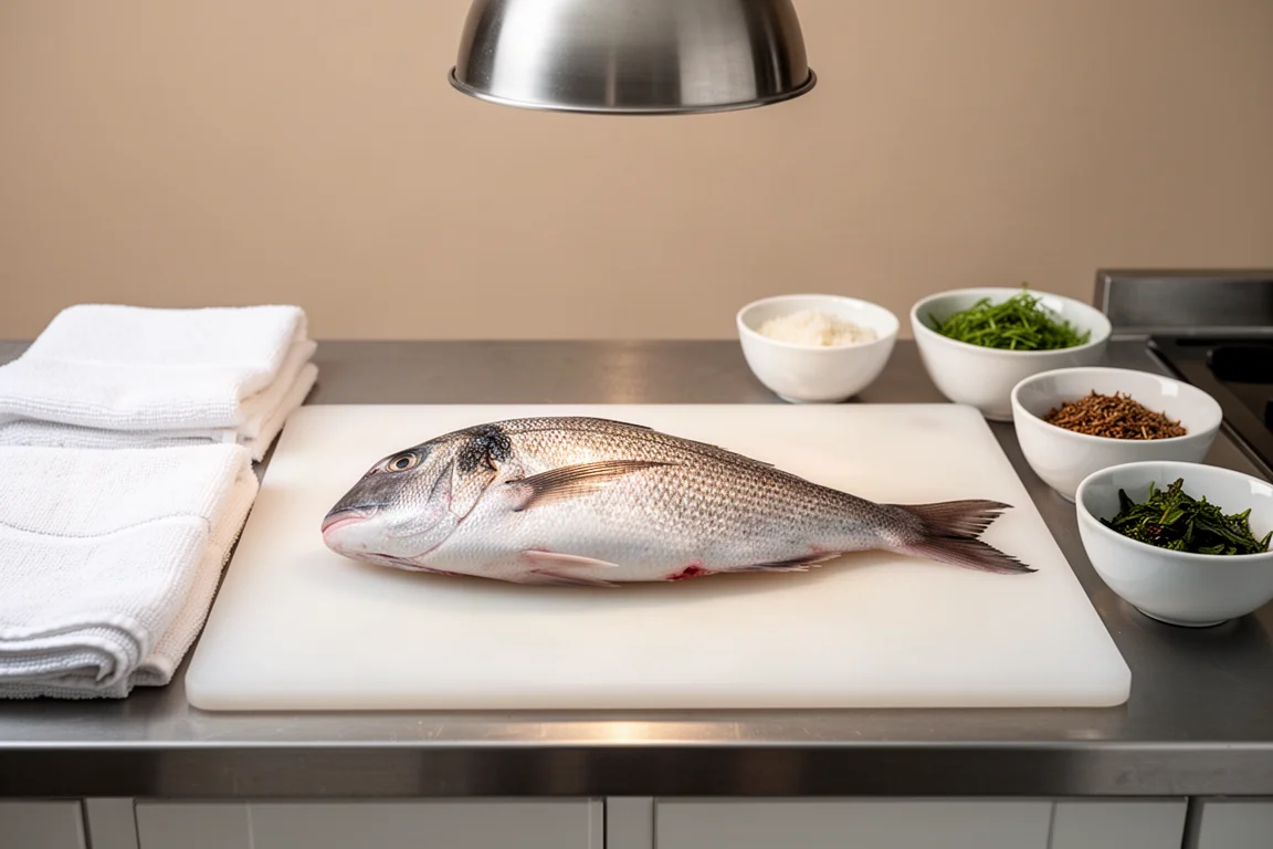 Gran tabla de cortar profesional blanca con un pescado entero sobre una estación de preparación