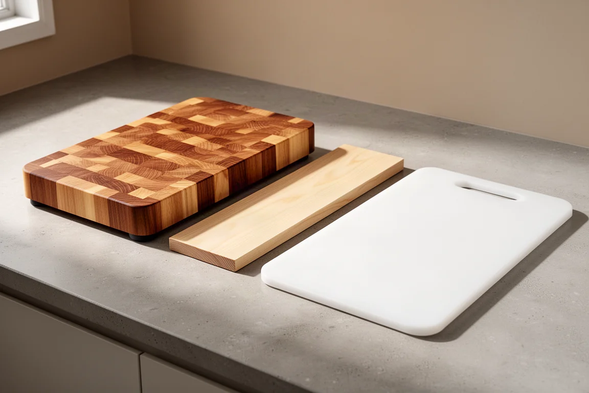 Four cutting boards of different materials arranged on a kitchen counter