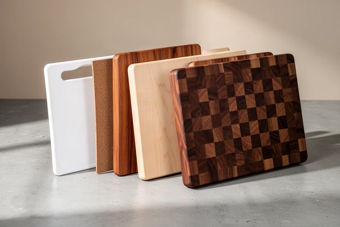 Assortimento di taglieri in plastica, composito, teak, acero e noce su un piano in cemento