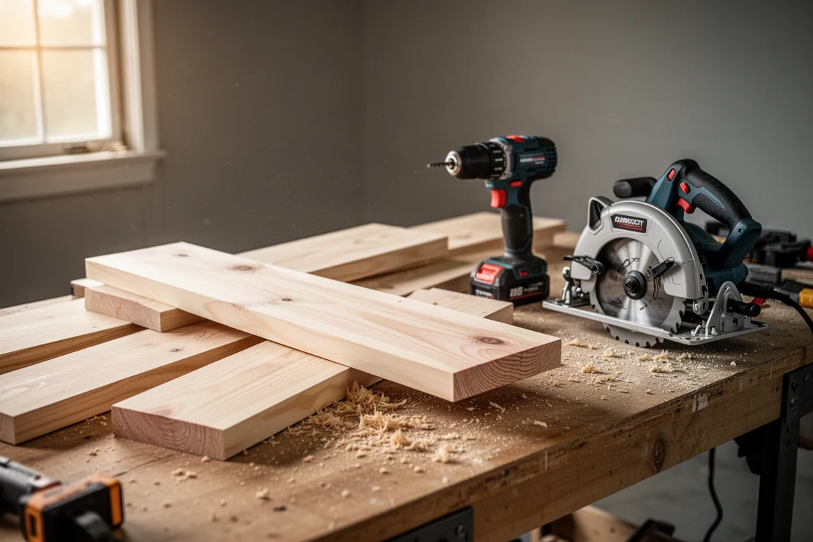 Perceuse sans fil et scie circulaire posées sur un établi à côté de bois coupé