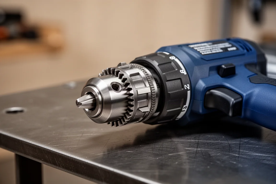 Gros plan sur un mandrin de perceuse sans fil compacte bleue sur un établi sombre
