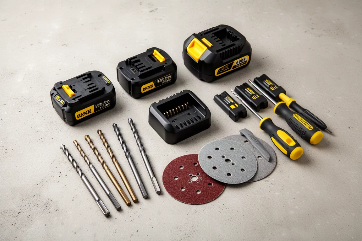 Vue de dessus à plat de batteries sans fil, d'un chargeur et d'outils à main sur du béton