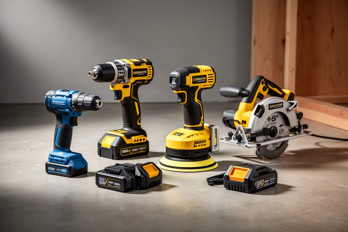 Outils électriques sans fil et batteries assortis disposés sur un sol d'atelier en béton