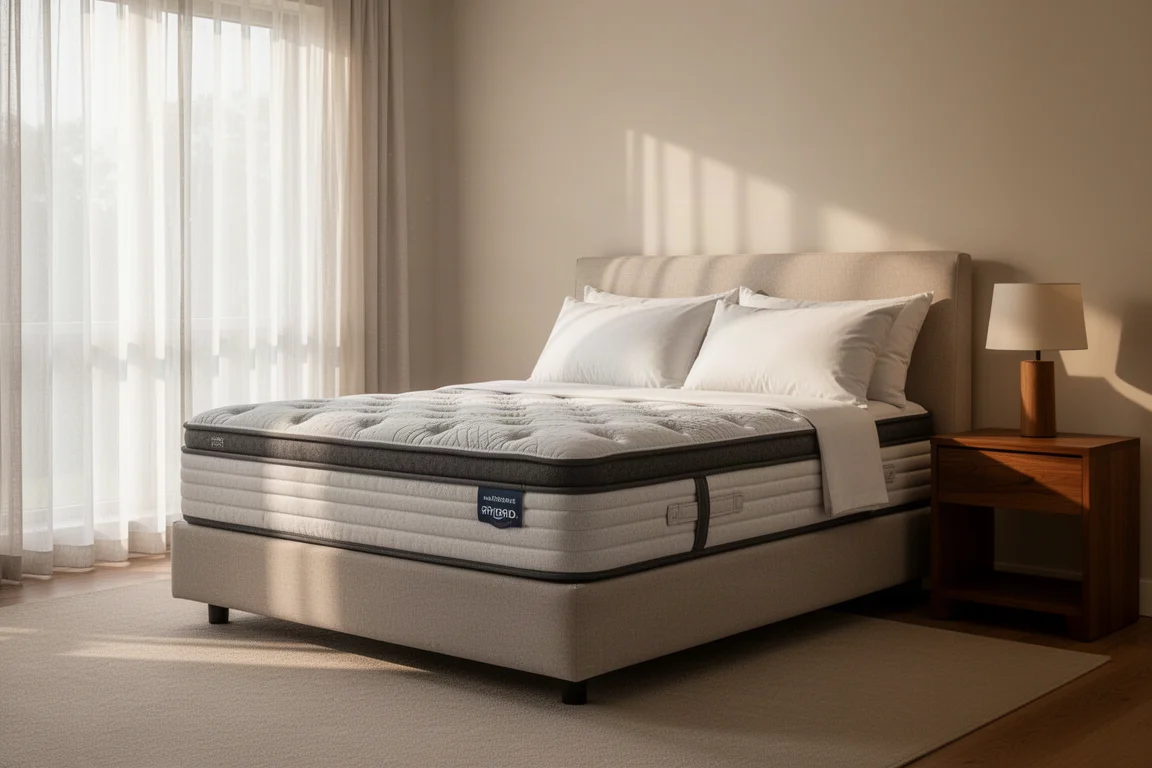 Gemütliches Schlafzimmer mit Hybridmatratze in neutraler Bettwäsche im Morgenlicht