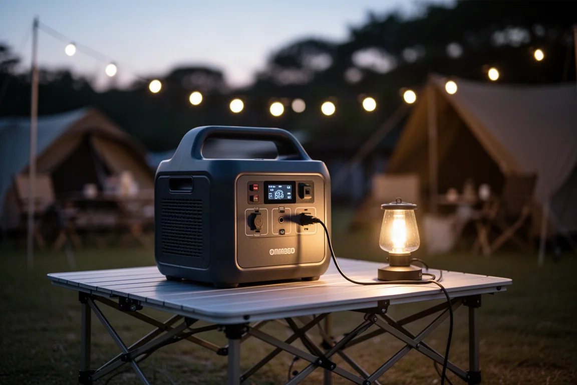 Portable Powerstation lädt Geräte an einem Campingtisch in der Abenddämmerung