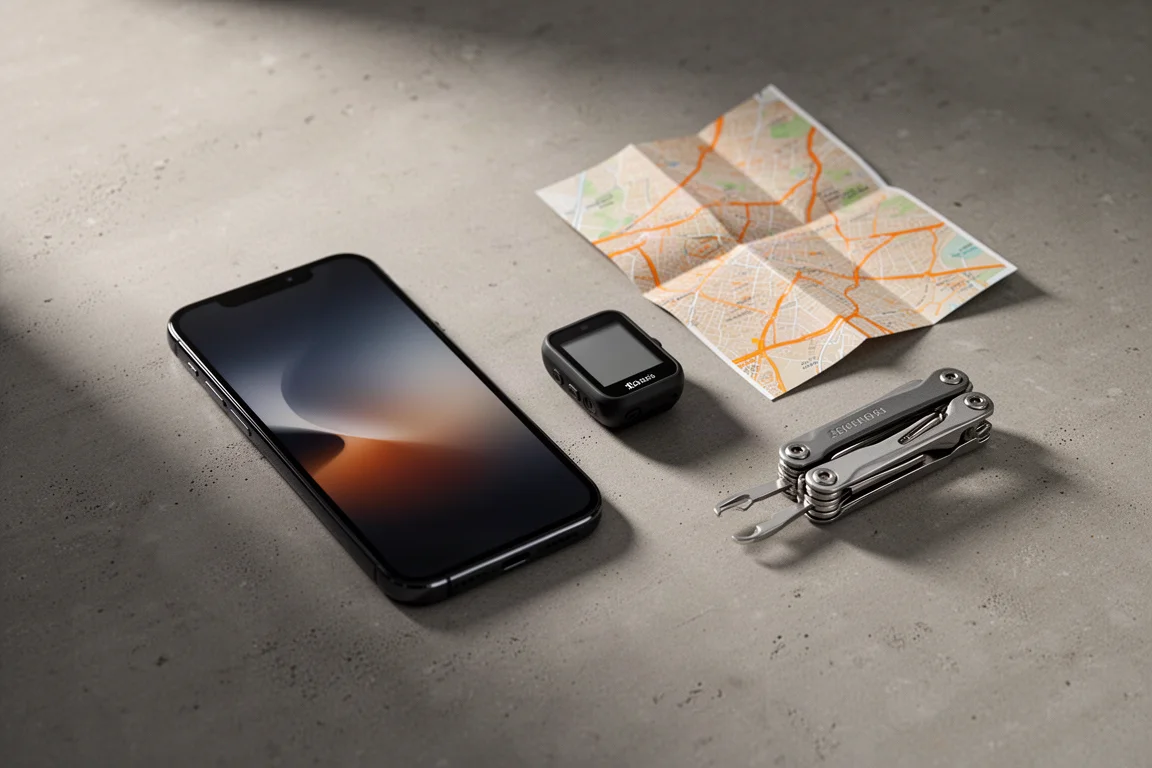 Smartphone, laptop, cycling computer and heart rate strap arranged on concrete